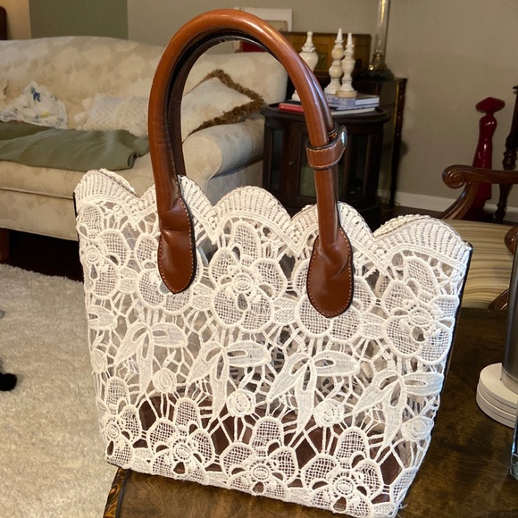 Handbags - Clear plastic purse with white lace cover!